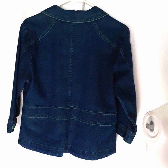Onque shacket blue denim shirt jacket s m green trim blazer top lagenlook casual - Picture 7 of 8
